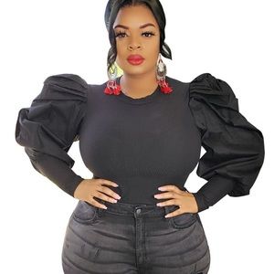 Fitted Knit Top w/ Puff Sleeves
